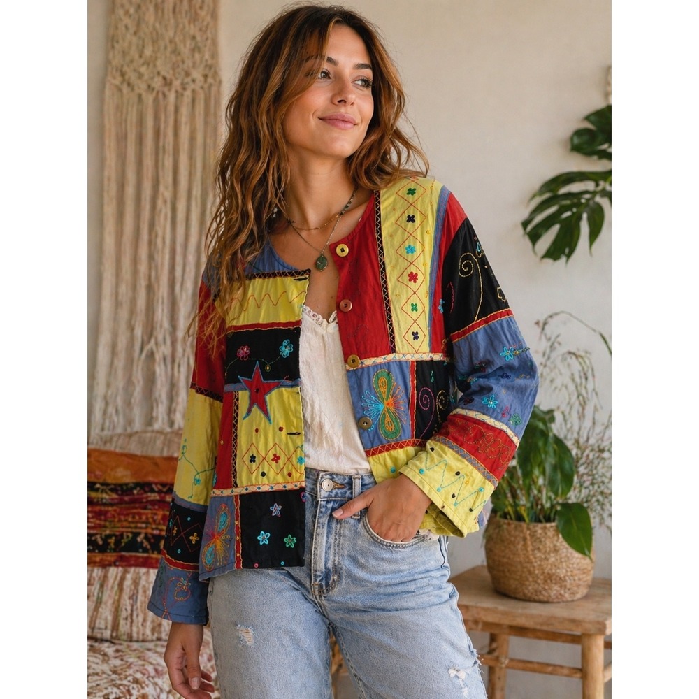Vtg NEW DIRECTION Jacket Womens Med Multicolor Patchwork Button Down Embroidered
